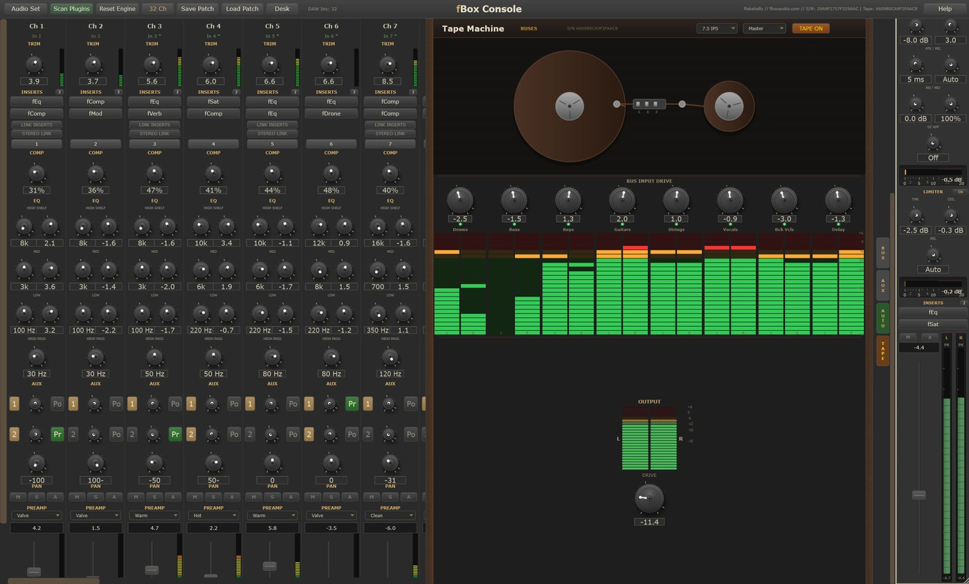 fBox Console - the tape machine with group buses routed to it as stereo pairs