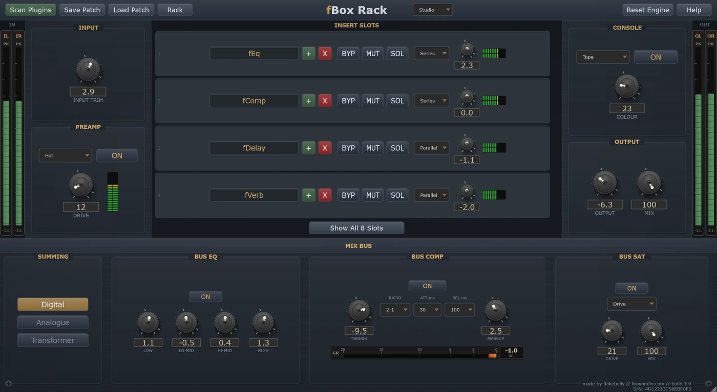 fBox Rack - preamp, plugin slots, mix bus and console output